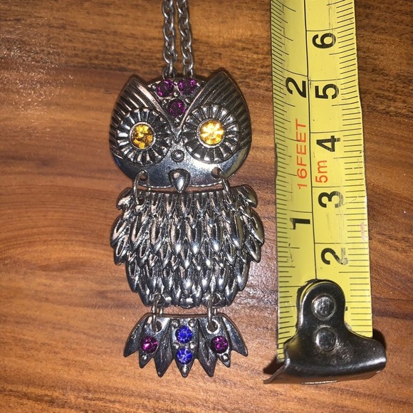 Owl Necklace Articulated Silver Tone Gold Eyes And Other Gems 2" Owl 14" Chain - Picture 5 of 5